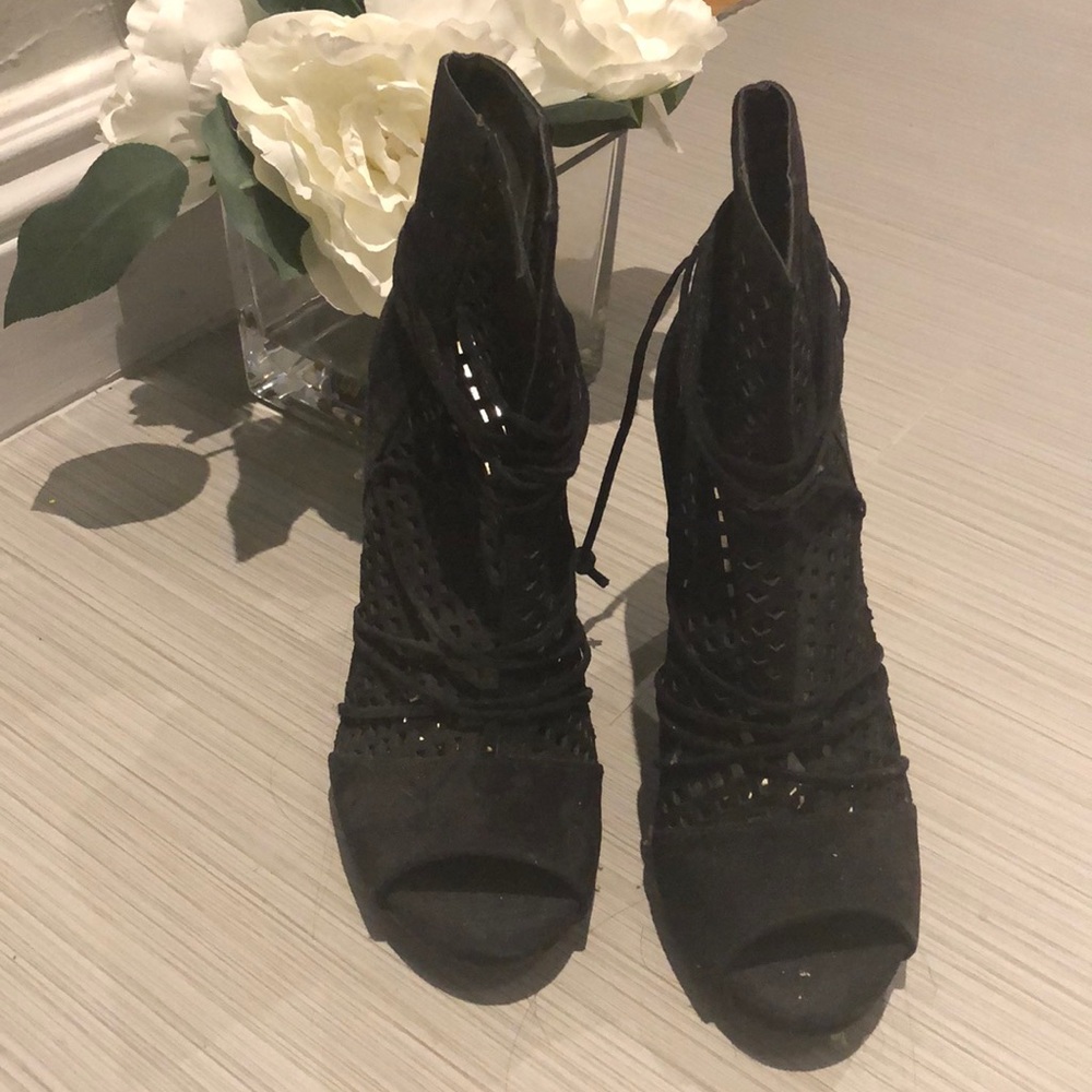 Guess suede black peep caged heels